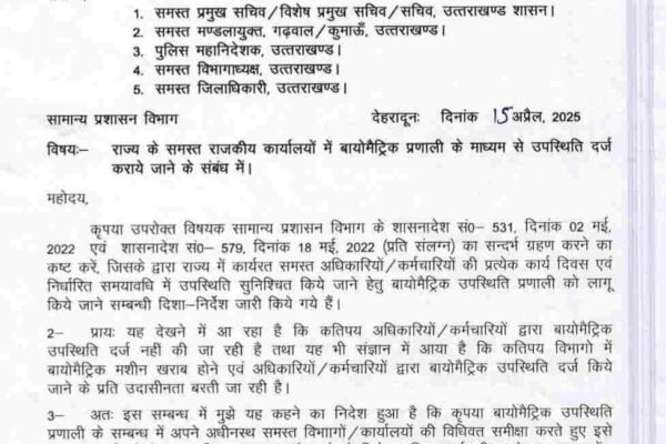 सभी विभागों में अधिकारियों कर्मचारियों की लगेगी बायोमेट्रिक हाजिरी, आदेश जारी