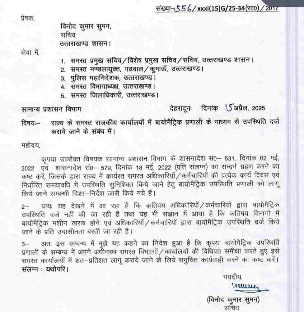 सभी विभागों में अधिकारियों कर्मचारियों की लगेगी बायोमेट्रिक हाजिरी, आदेश जारी