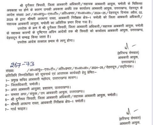 जिला आबकारी अधिकारी चमोली को किया गया मुख्यालय अटैच, इनको मिला चार्ज..