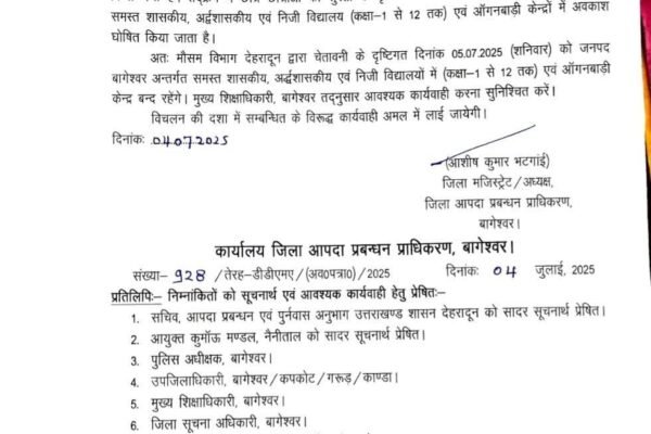 मौसम विभाग की बारिश की भारी बारिश की चेतावनी के बाद कल इस जिले में बंद रहेंगे विद्यालय और आंगनबाड़ी केंद्र