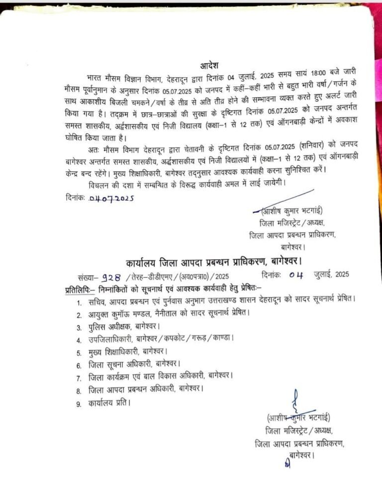 मौसम विभाग की बारिश की भारी बारिश की चेतावनी के बाद कल इस जिले में बंद रहेंगे विद्यालय और आंगनबाड़ी केंद्र