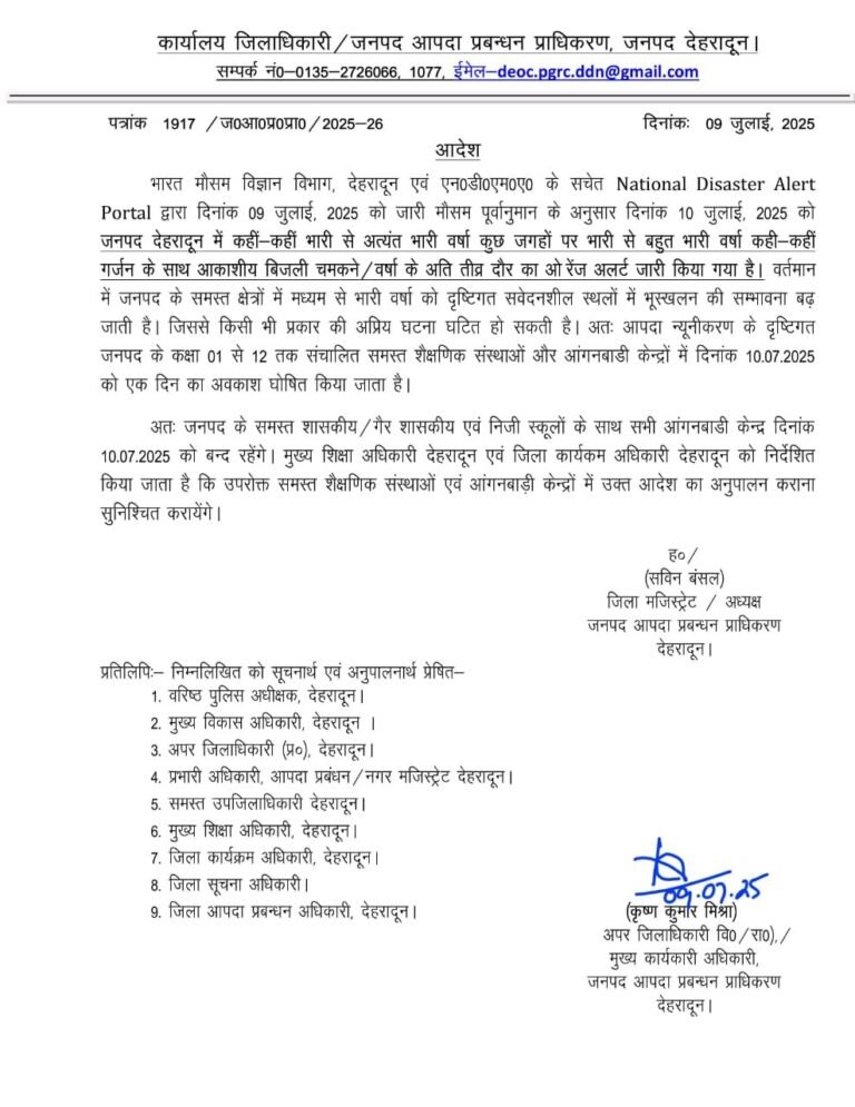 देहरादून में कल बारिश होगी भारी, छूट्टी का आदेश जारी