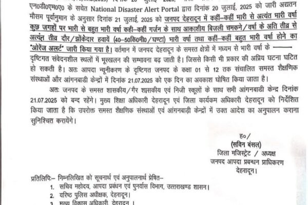 भारी बारिश के अलर्ट के चलते स्कूलों की छूट्टी का आदेश जारी