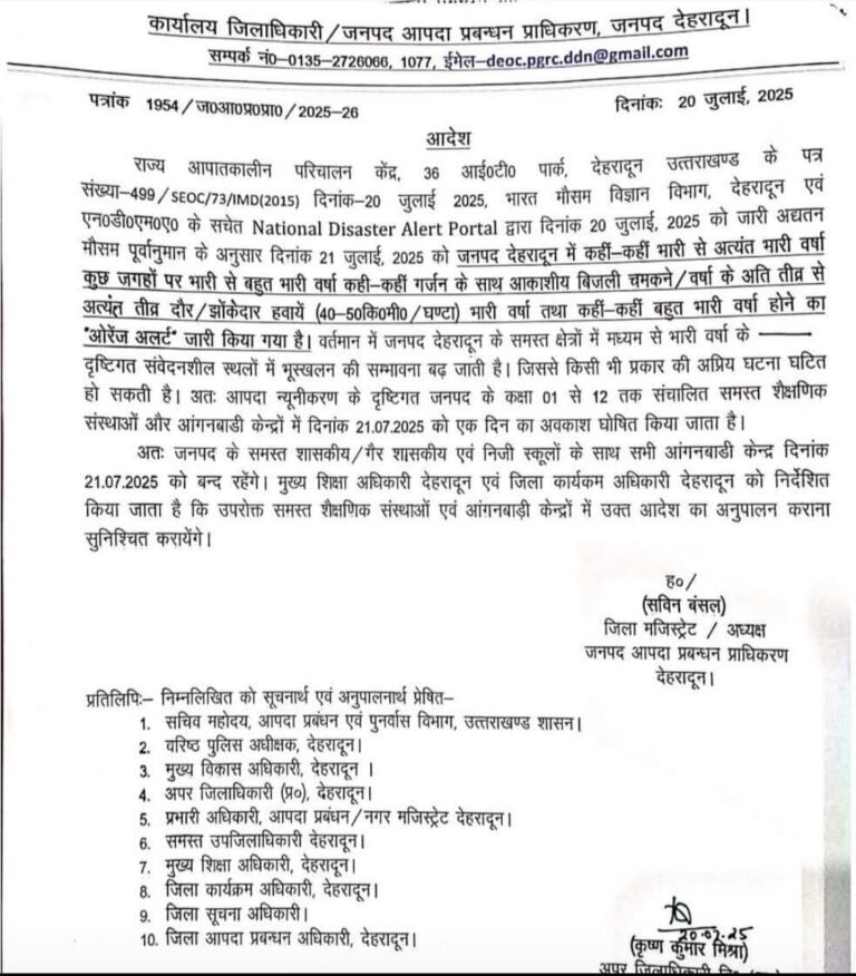 भारी बारिश के अलर्ट के चलते स्कूलों की छूट्टी का आदेश जारी
