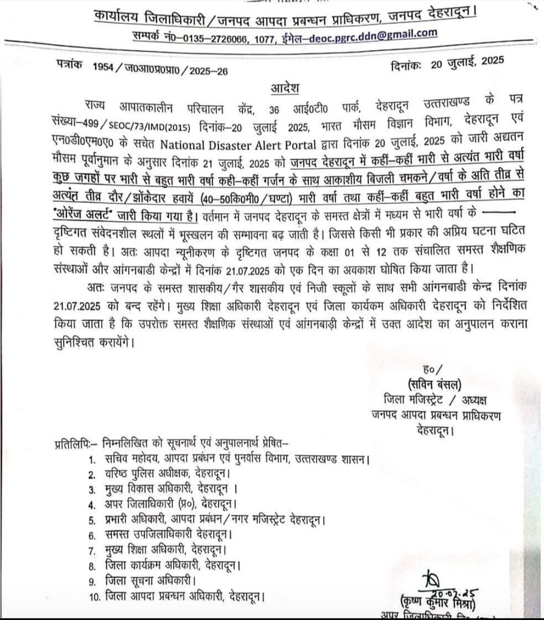 भारी बारिश के अलर्ट के चलते स्कूलों की छूट्टी का आदेश जारी