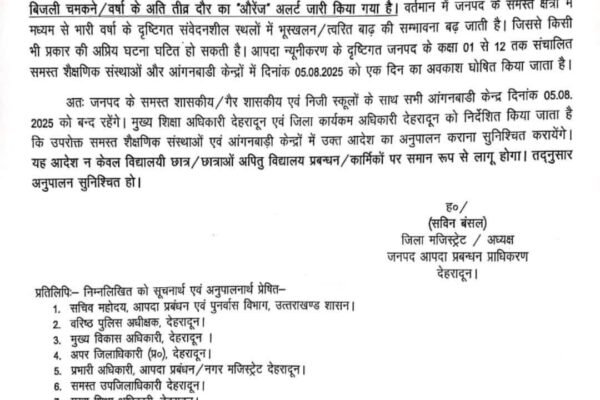 कल भी देहरादून में बारिश होगी भारी, डीएम ने कर दिया छुट्टी का आदेश जारी