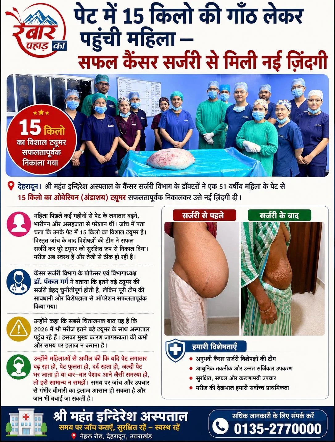 पेट में 15 किलो की गाँठ लेकर पहुँची महिला — सफल कैंसर सर्जरी से मिली नई ज़िंदगी