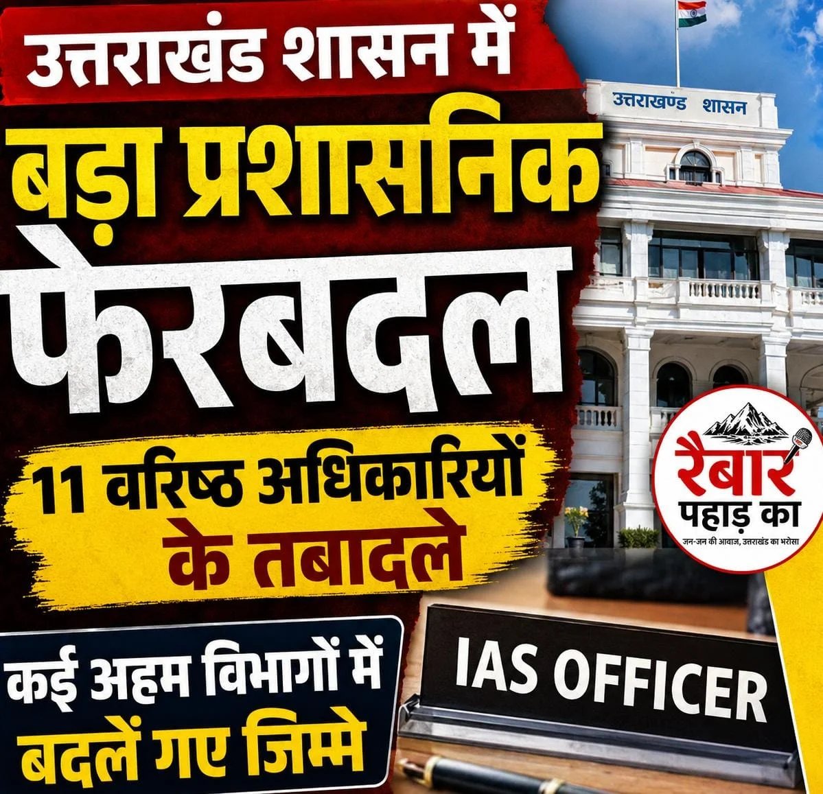 बड़ी खबर:उत्तराखंड शासन में बड़ा प्रशासनिक फेरबदल, 11 वरिष्ठ IAS/IFS अधिकारियों के तबादले
