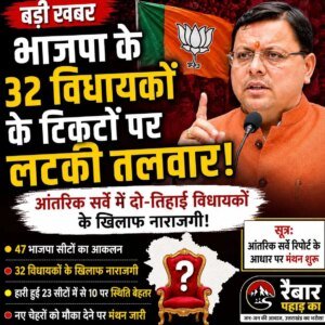बड़ी खबर: भाजपा के 32 विधायकों के टिकटों पर लटकी तलवार: मुख्यमंत्री पुष्कर सिंह धामी के लिए सुरक्षित सीट पर मंथन: सूत्र