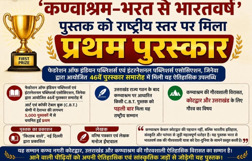 वरिष्ठ पत्रकार लेखक मनोज ईष्टवाल की पुस्तककण्वाश्रम–भरत से भारतवर्ष’ पुस्तक को राष्ट्रीय स्तर पर मिला प्रथम पुरस्कार
