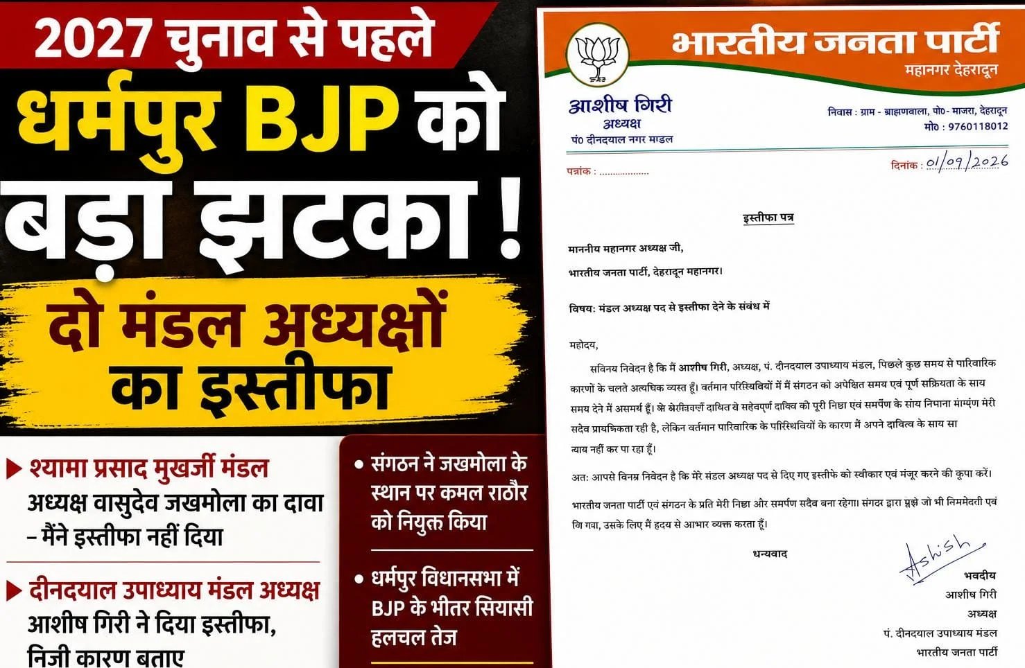 2027 चुनाव से पहले धर्मपुर भाजपा में हलचल, दो मंडल अध्यक्षों के इस्तीफे से बढ़ी सियासी चर्चा, वीर सिंह पंवार के करीबी माने जाते हैं दोनों मंडल अध्यक्ष